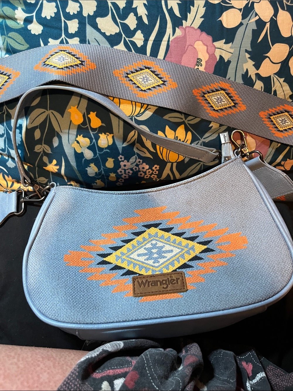 Wrangler Light Blue Shoulder Bag with Orange and Yellow Aztec Motif